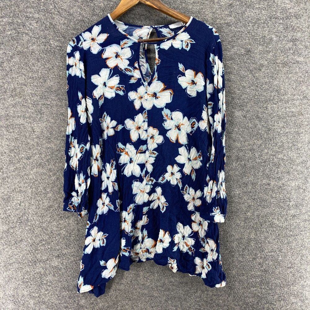 Lush Blouse Women L Large Blue Floral Long Sleeve Round Neck Hook & Eye Rayon